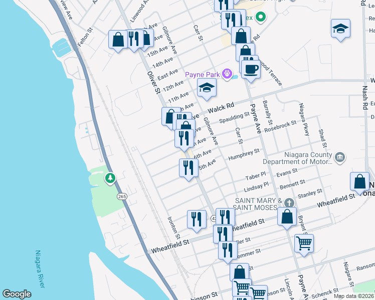 map of restaurants, bars, coffee shops, grocery stores, and more near 685 Oliver Street in North Tonawanda