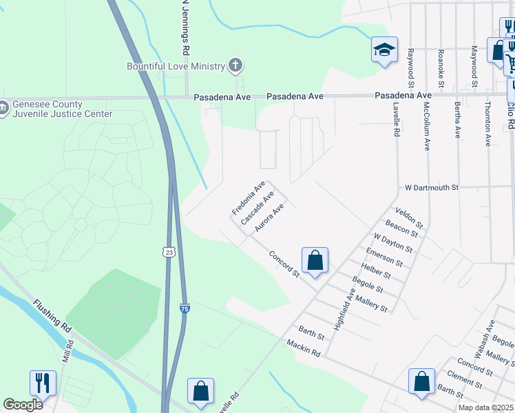 map of restaurants, bars, coffee shops, grocery stores, and more near 3598 Concord Street in Flint