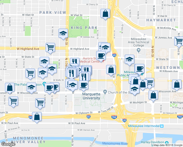 map of restaurants, bars, coffee shops, grocery stores, and more near 836 North 14th Street in Milwaukee