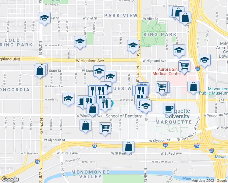 map of restaurants, bars, coffee shops, grocery stores, and more near in Milwaukee