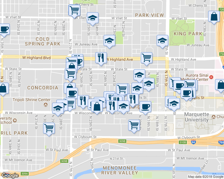map of restaurants, bars, coffee shops, grocery stores, and more near 835 North 23rd Street in Milwaukee