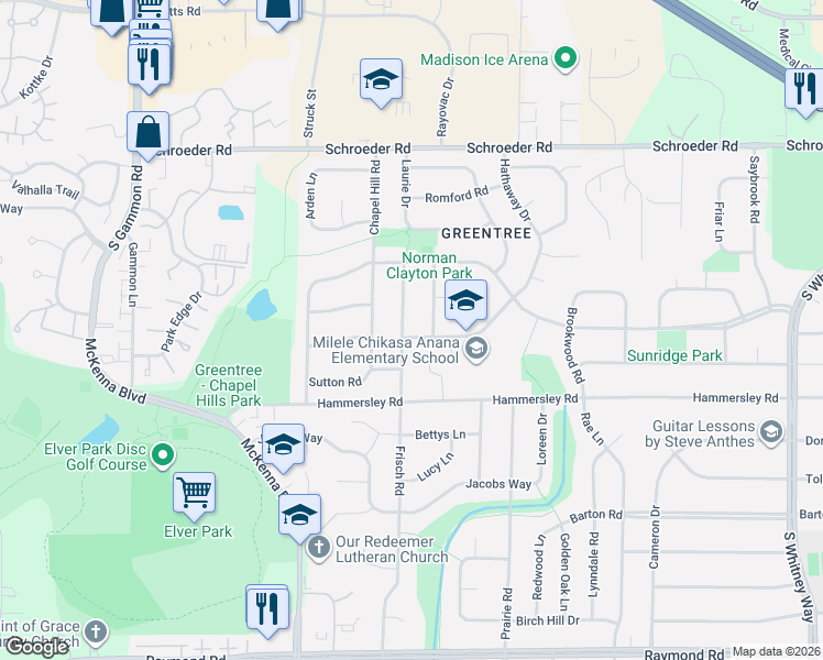 map of restaurants, bars, coffee shops, grocery stores, and more near 1134 Frisch Road in Madison