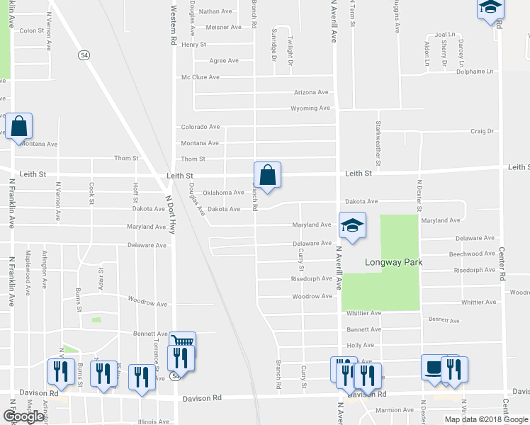 map of restaurants, bars, coffee shops, grocery stores, and more near 2820 Branch Road in Flint