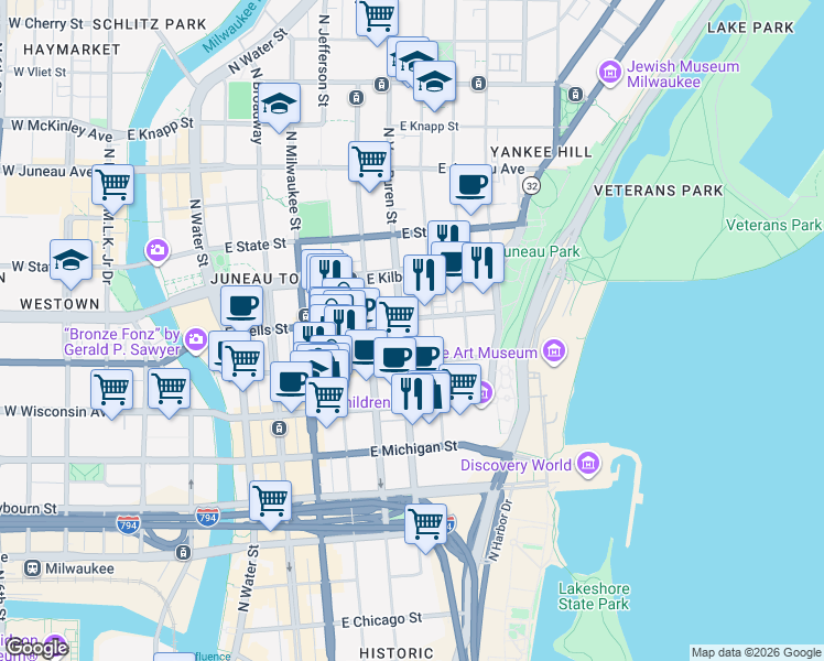 map of restaurants, bars, coffee shops, grocery stores, and more near in Milwaukee