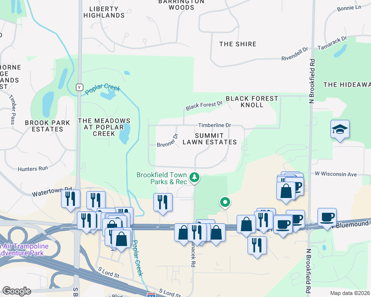 map of restaurants, bars, coffee shops, grocery stores, and more near 19725 Brenner Court in Brookfield