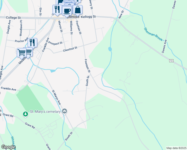 map of restaurants, bars, coffee shops, grocery stores, and more near 3868 Fountain Street in Clinton