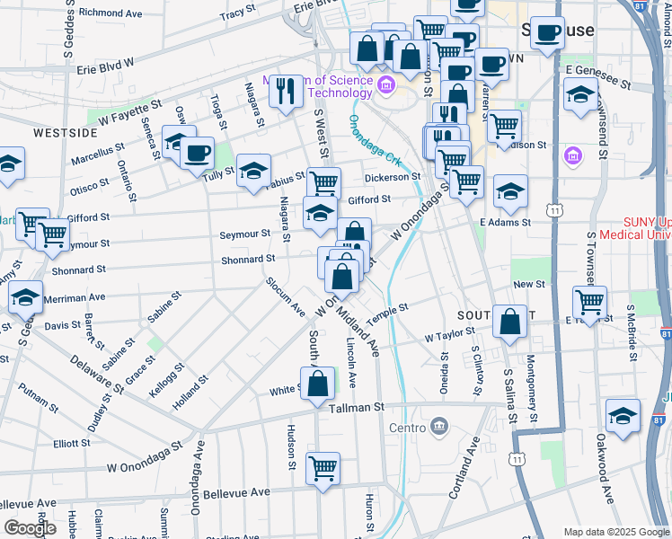 map of restaurants, bars, coffee shops, grocery stores, and more near 620 South West Street in Syracuse