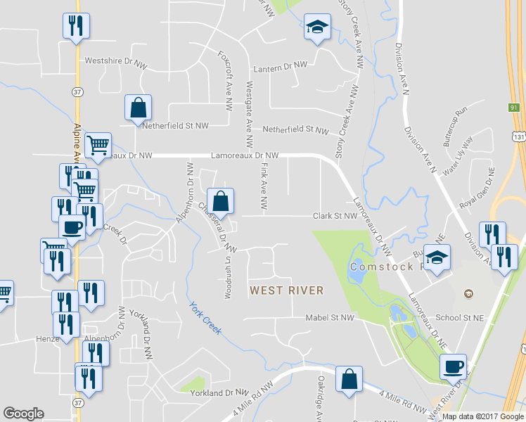 map of restaurants, bars, coffee shops, grocery stores, and more near 4239 Fink Avenue Northwest in Comstock Park