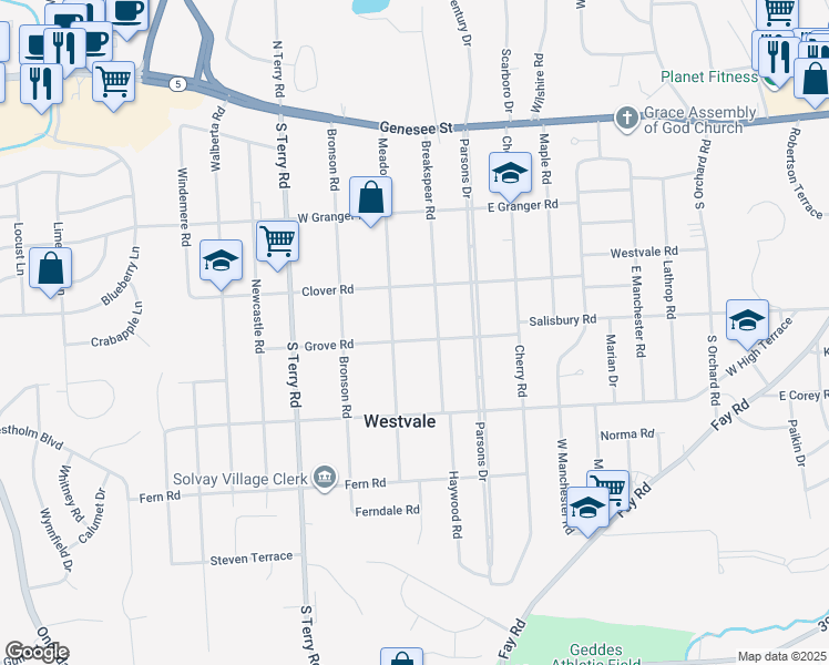map of restaurants, bars, coffee shops, grocery stores, and more near 300 Grove Road in Syracuse