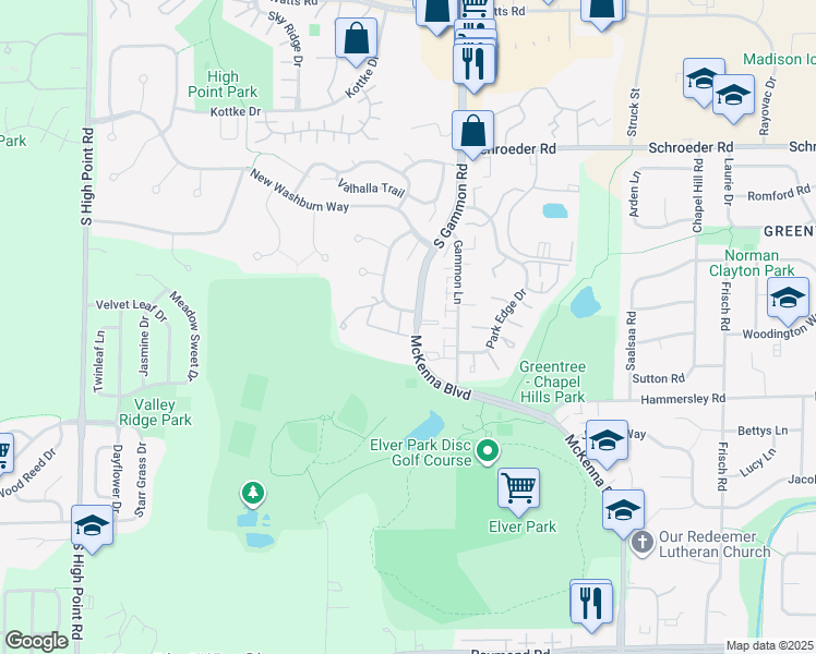 map of restaurants, bars, coffee shops, grocery stores, and more near 1109 McKenna Boulevard in Madison