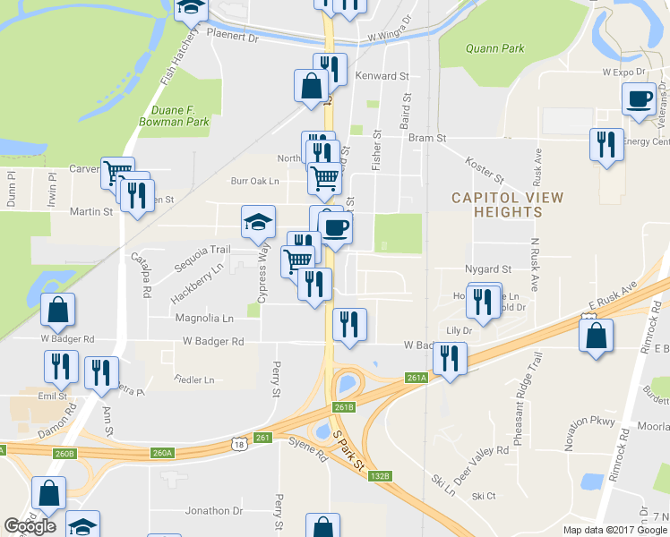 map of restaurants, bars, coffee shops, grocery stores, and more near 2305 South Park Street in Madison