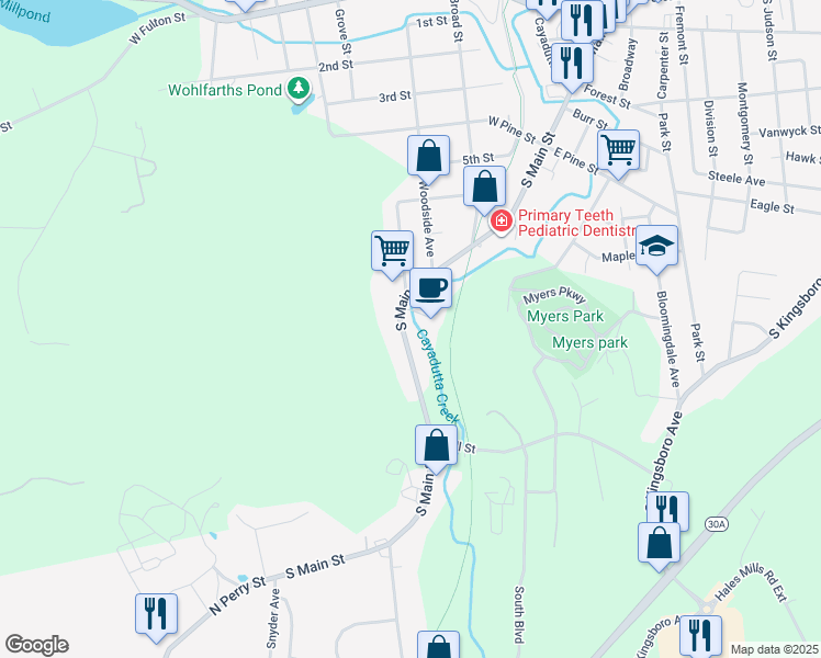 map of restaurants, bars, coffee shops, grocery stores, and more near 289 South Main Street in Gloversville