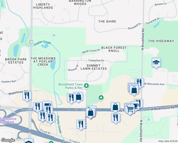 map of restaurants, bars, coffee shops, grocery stores, and more near 815 North Janacek Road in Brookfield