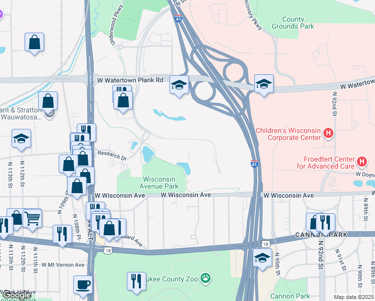 map of restaurants, bars, coffee shops, grocery stores, and more near 10201 West Innovation Drive in Wauwatosa