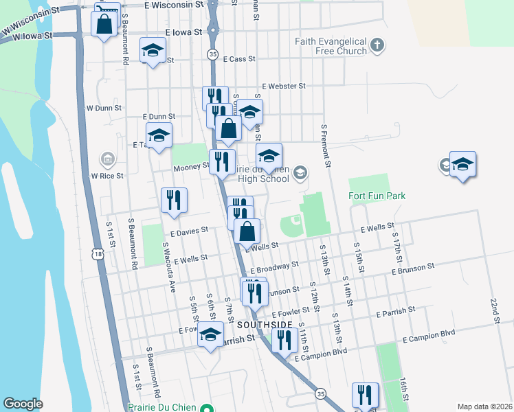 map of restaurants, bars, coffee shops, grocery stores, and more near 813 South Dousman Street in Prairie du Chien