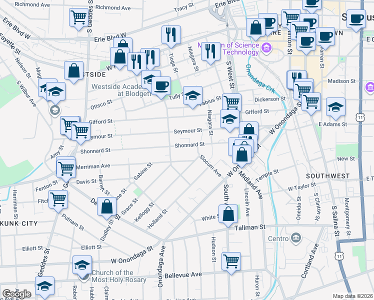 map of restaurants, bars, coffee shops, grocery stores, and more near 229 Shonnard Street in Syracuse
