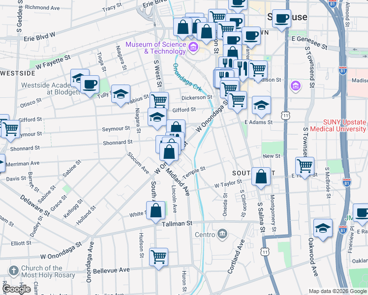 map of restaurants, bars, coffee shops, grocery stores, and more near 387 West Onondaga Street in Syracuse