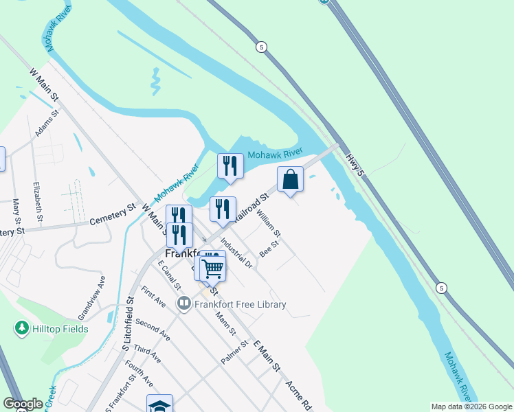 map of restaurants, bars, coffee shops, grocery stores, and more near 400 Railroad Street in Frankfort