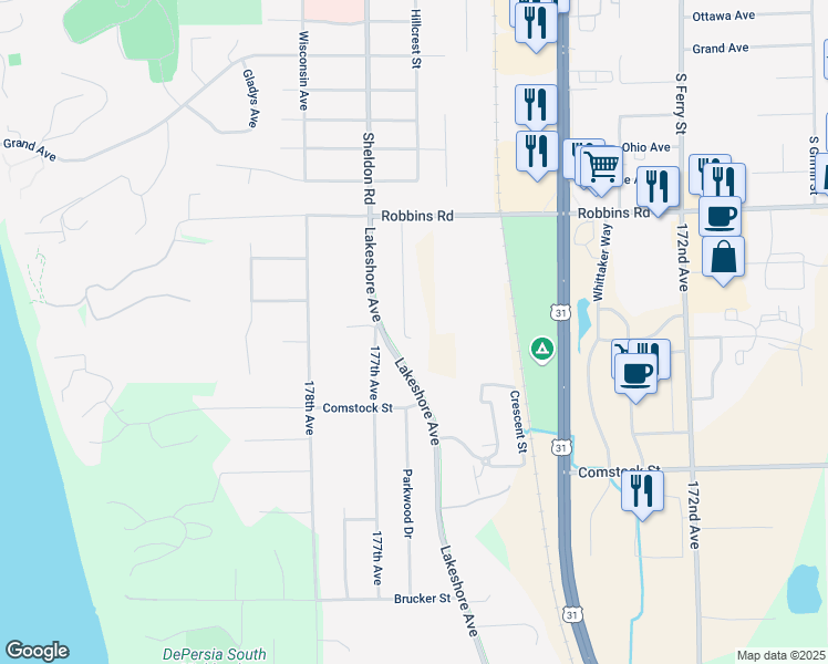 map of restaurants, bars, coffee shops, grocery stores, and more near 15010 Westray Street in Grand Haven