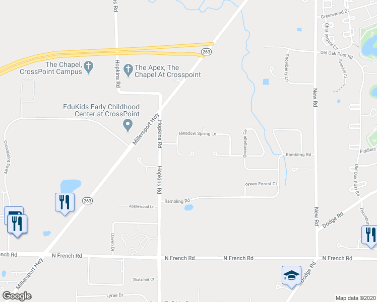 map of restaurants, bars, coffee shops, grocery stores, and more near 50 Meadow Spring Court in East Amherst
