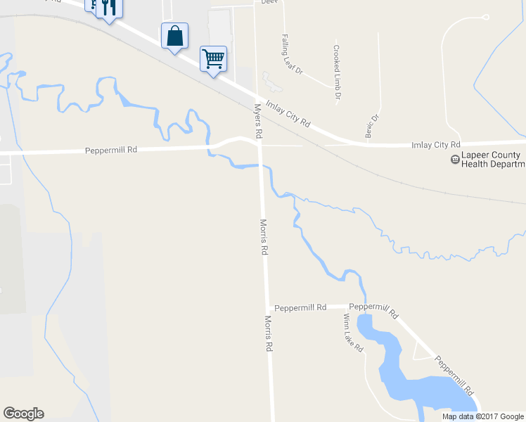 map of restaurants, bars, coffee shops, grocery stores, and more near 1346 Morris Road in Lapeer