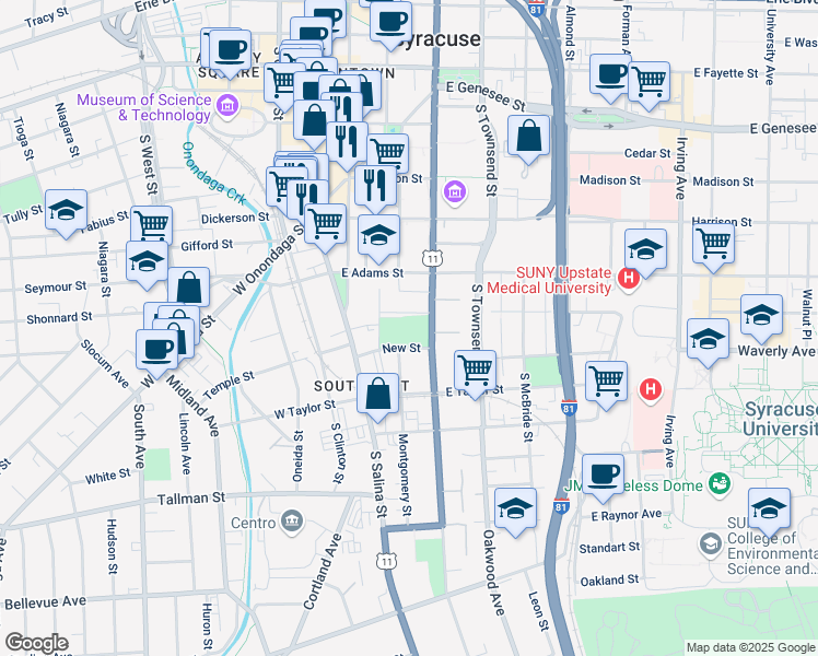 map of restaurants, bars, coffee shops, grocery stores, and more near 100 New Street in Syracuse