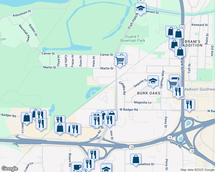 map of restaurants, bars, coffee shops, grocery stores, and more near 2210 Fish Hatchery Road in Madison