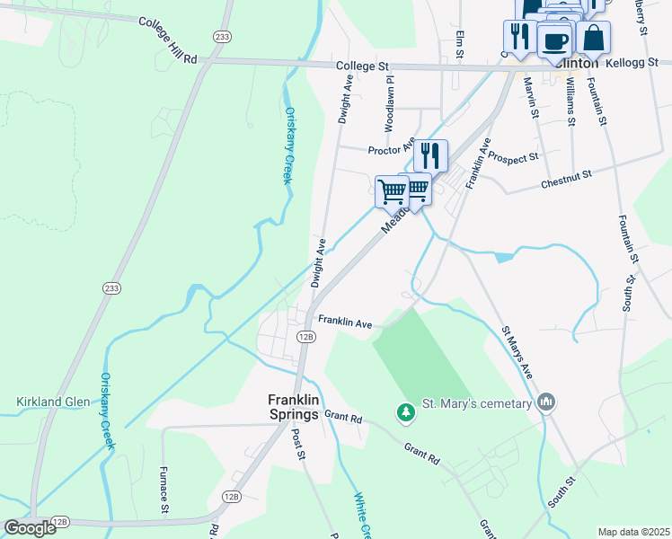 map of restaurants, bars, coffee shops, grocery stores, and more near 78 Meadow Street in Clinton