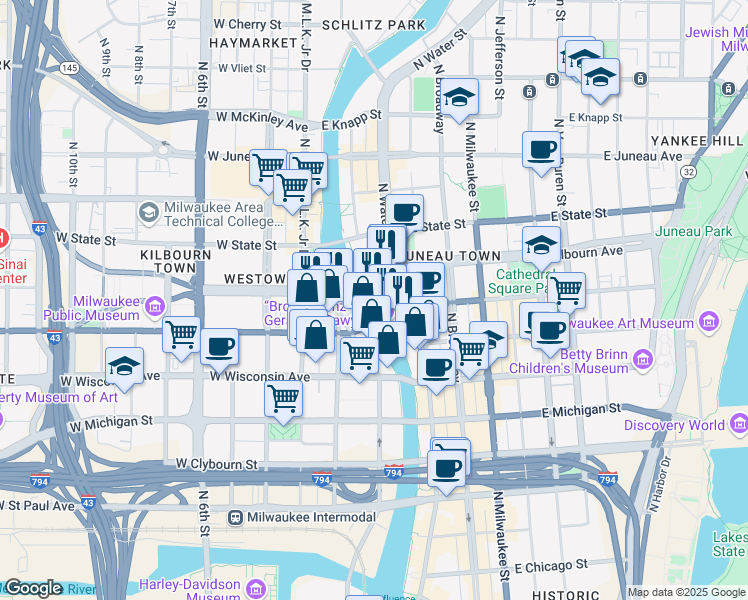 map of restaurants, bars, coffee shops, grocery stores, and more near 108 East Wells Street in Milwaukee