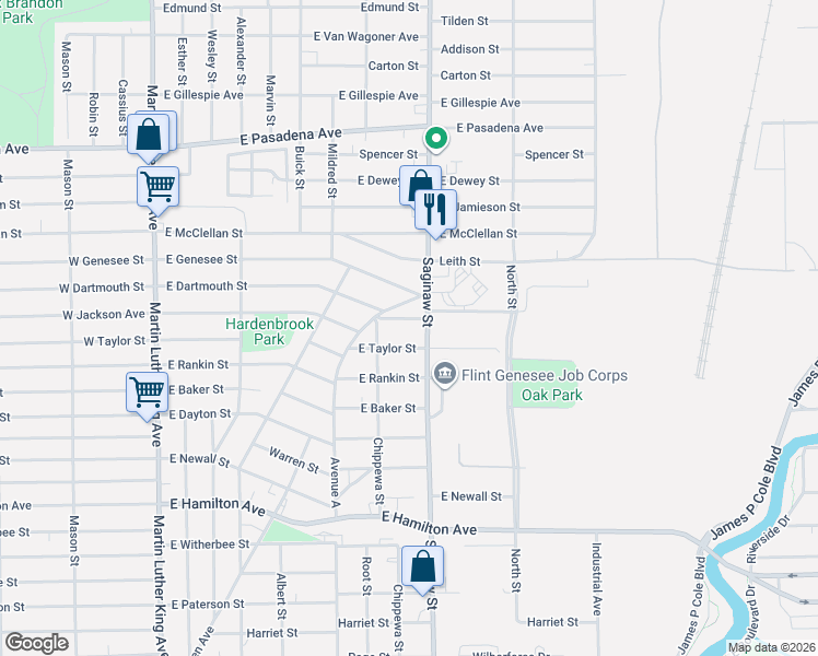 map of restaurants, bars, coffee shops, grocery stores, and more near in Flint