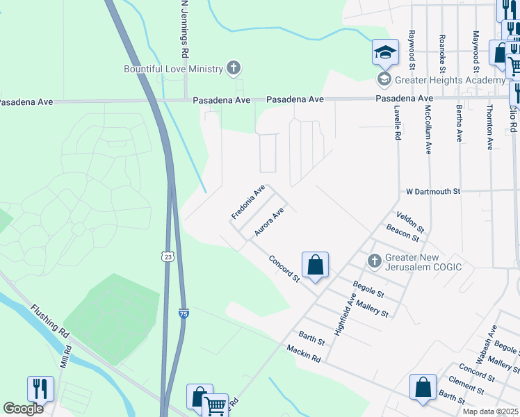 map of restaurants, bars, coffee shops, grocery stores, and more near 3598 Concord Street in Flint