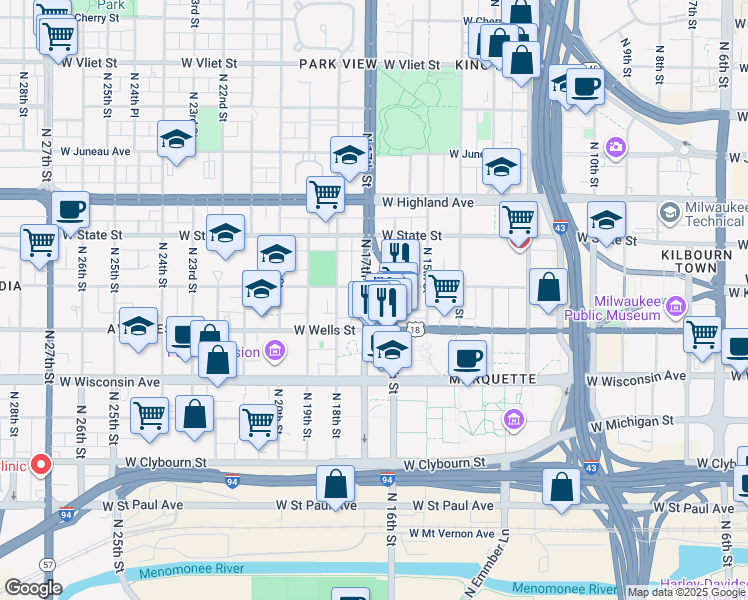 map of restaurants, bars, coffee shops, grocery stores, and more near in Milwaukee