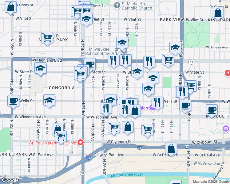 map of restaurants, bars, coffee shops, grocery stores, and more near in Milwaukee