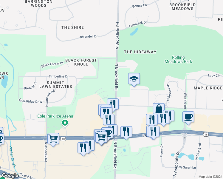 map of restaurants, bars, coffee shops, grocery stores, and more near 18880 Toldt Woods Drive in Brookfield