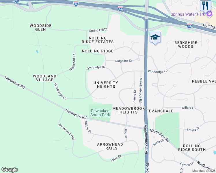 map of restaurants, bars, coffee shops, grocery stores, and more near N8W27287 Woodridge Lane in Waukesha
