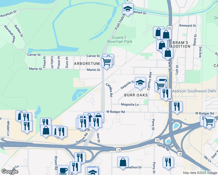 map of restaurants, bars, coffee shops, grocery stores, and more near 2214 Catalpa Road in Madison