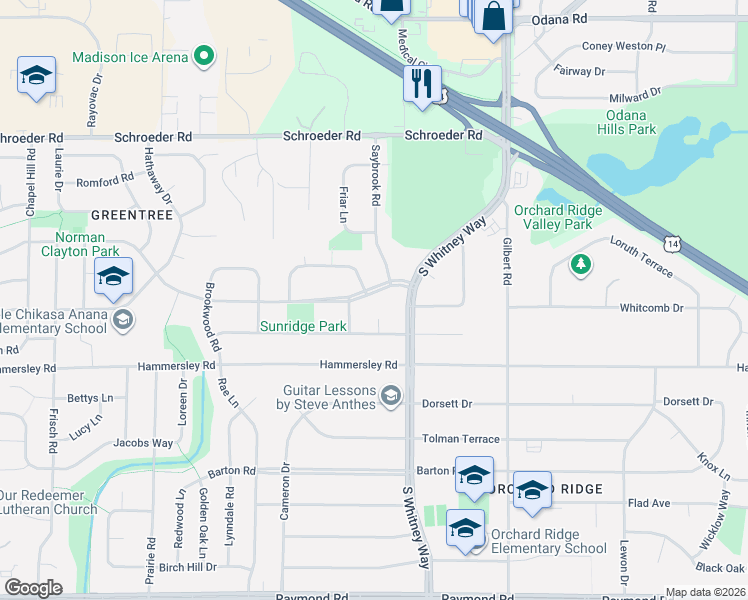 map of restaurants, bars, coffee shops, grocery stores, and more near 5721 Piping Rock Road in Madison