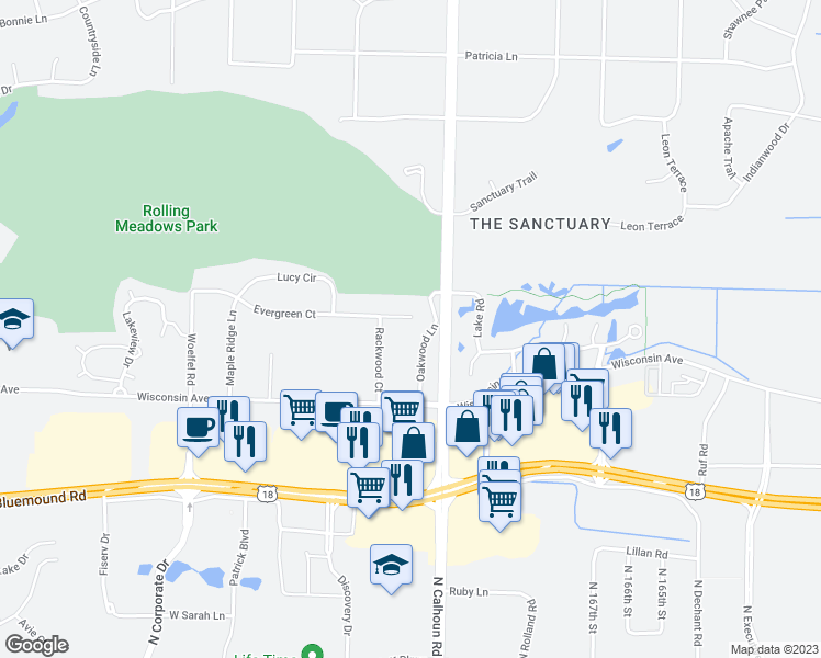 map of restaurants, bars, coffee shops, grocery stores, and more near 17315 Evergreen Court in Brookfield