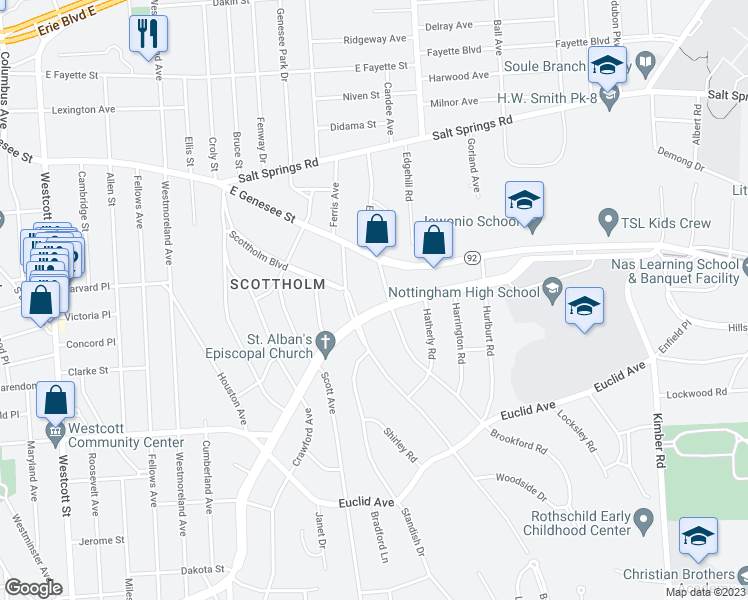 map of restaurants, bars, coffee shops, grocery stores, and more near 1419 Meadowbrook Dr in Syracuse