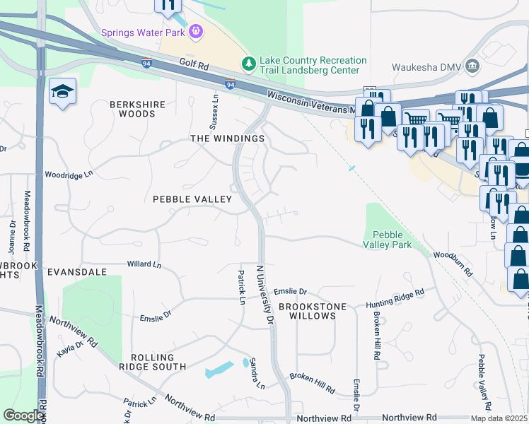 map of restaurants, bars, coffee shops, grocery stores, and more near 2619 North University Drive in Waukesha