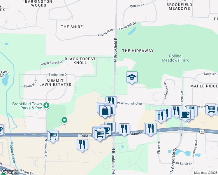 map of restaurants, bars, coffee shops, grocery stores, and more near 18880 Toldt Woods Drive in Brookfield