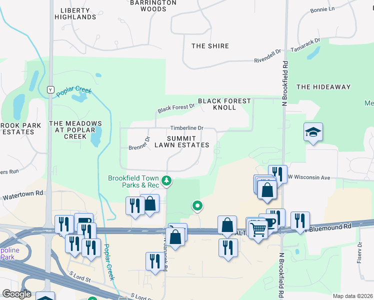 map of restaurants, bars, coffee shops, grocery stores, and more near 850 N Janacek Rd in Brookfield