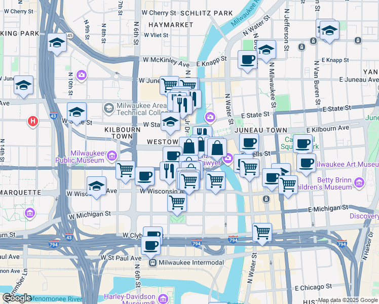 map of restaurants, bars, coffee shops, grocery stores, and more near 33 East Kilbourn Avenue in Milwaukee