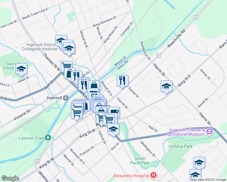 map of restaurants, bars, coffee shops, grocery stores, and more near 98 Mutual Street South in Ingersoll