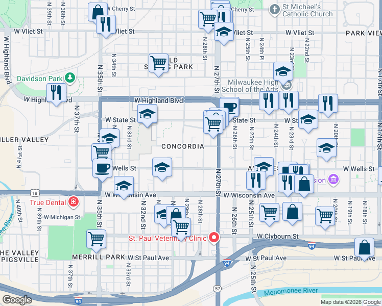 map of restaurants, bars, coffee shops, grocery stores, and more near 831 North 28th Street in Milwaukee