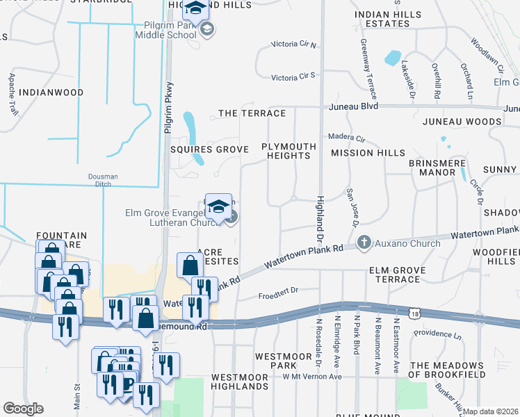 map of restaurants, bars, coffee shops, grocery stores, and more near 900 Terrace Drive in Elm Grove
