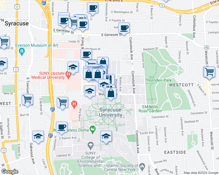 map of restaurants, bars, coffee shops, grocery stores, and more near 801 University Avenue in Syracuse