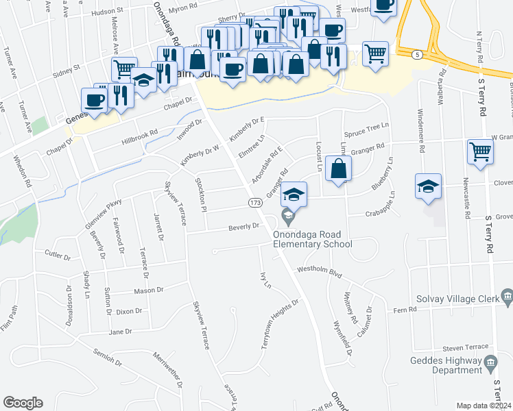map of restaurants, bars, coffee shops, grocery stores, and more near 703 Onondaga Road in Syracuse