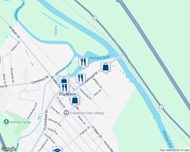 map of restaurants, bars, coffee shops, grocery stores, and more near 400 Railroad Street in Frankfort