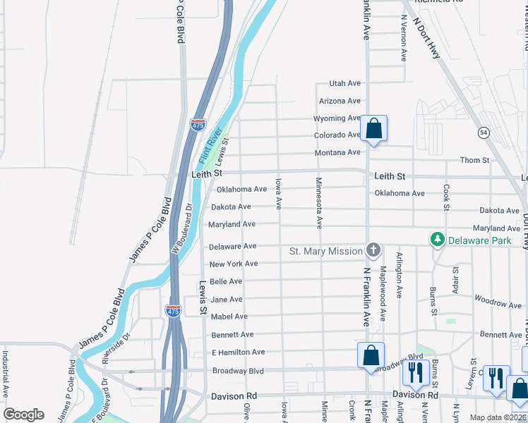 map of restaurants, bars, coffee shops, grocery stores, and more near 1529 Maryland Avenue in Flint